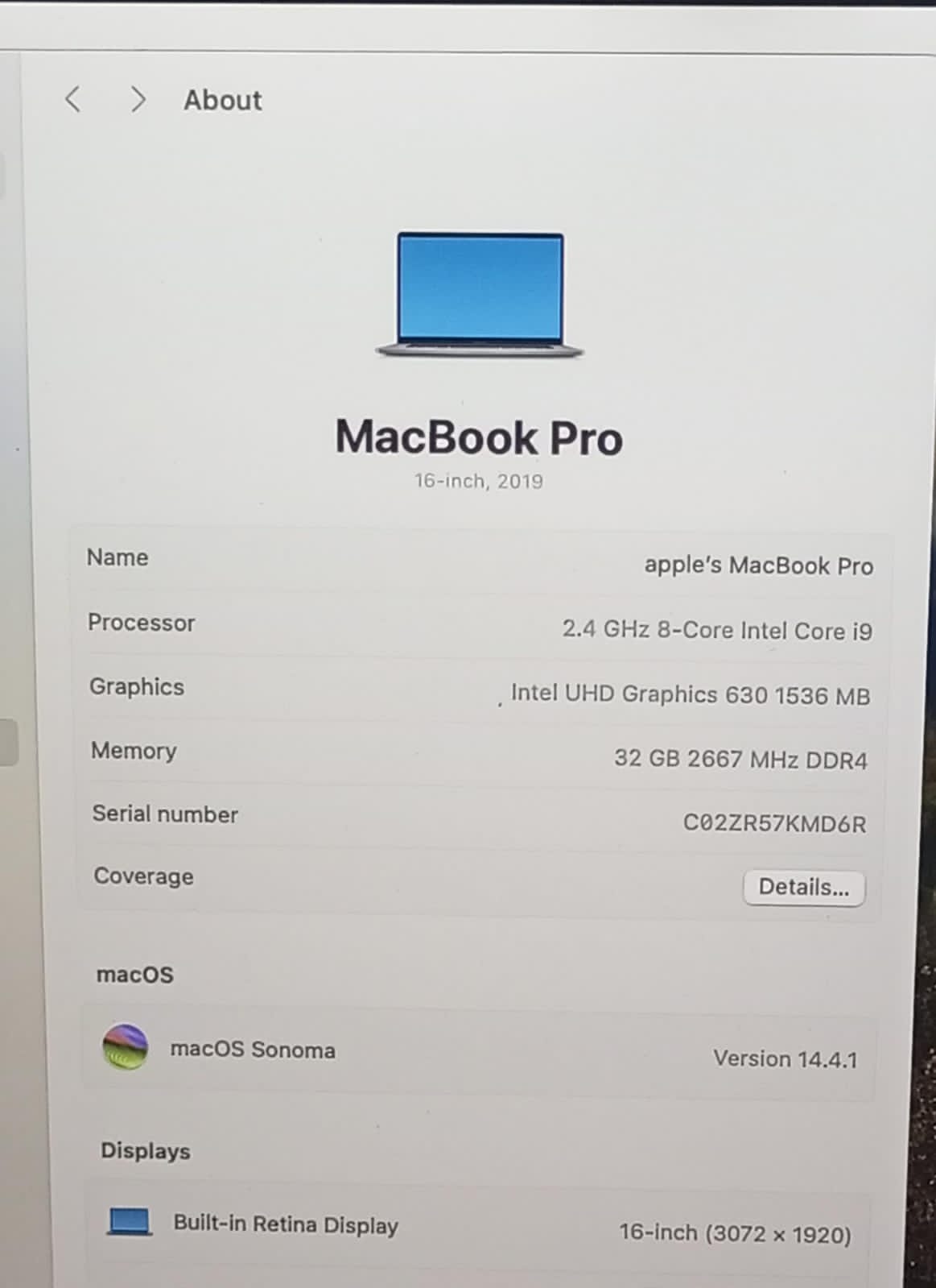 Macbook Pro 2019 16" A2141 32-512